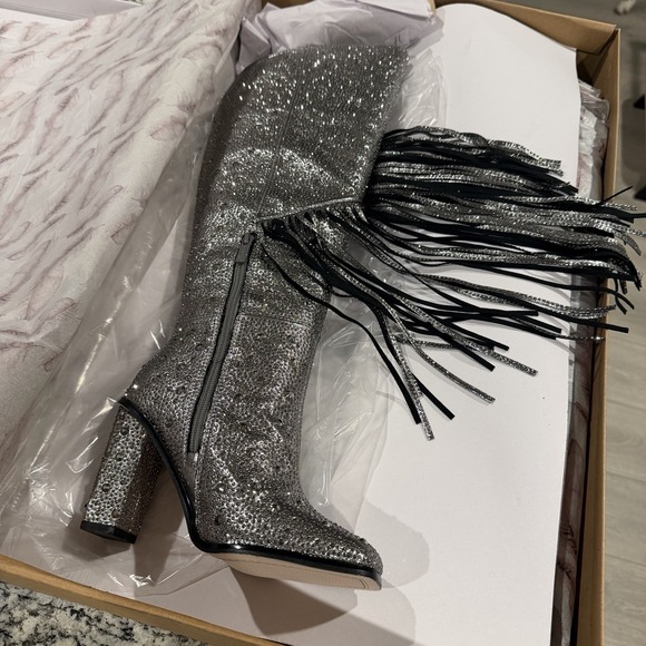 JESSICA SIMPSON Silver Sparkly Fringe Glitter Western Tall Rodeo Boot Knee High - Picture 3 of 10